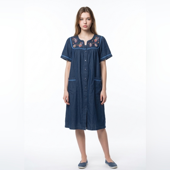 Go Softly Patio Dresses & Skirts - Denim Embroidered Midi Dress